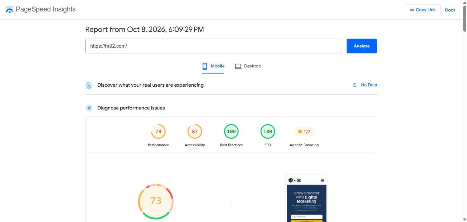 PageSpeed Insights report for hr92.com on mobile showing a performance score of 73 and no real-user field data