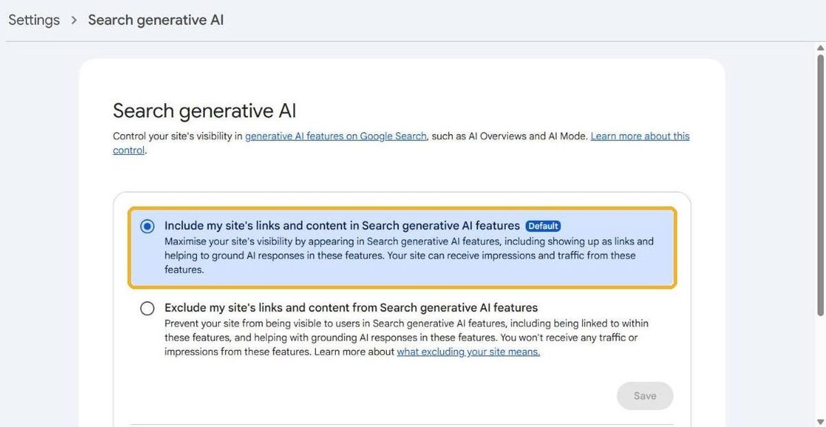 Search Console Search generative AI control with Include selected as the default