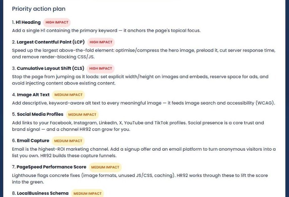 Priority action plan from the free SEO audit listing the H1 heading, Largest Contentful Paint, Cumulative Layout Shift and image alt text issues with fixes